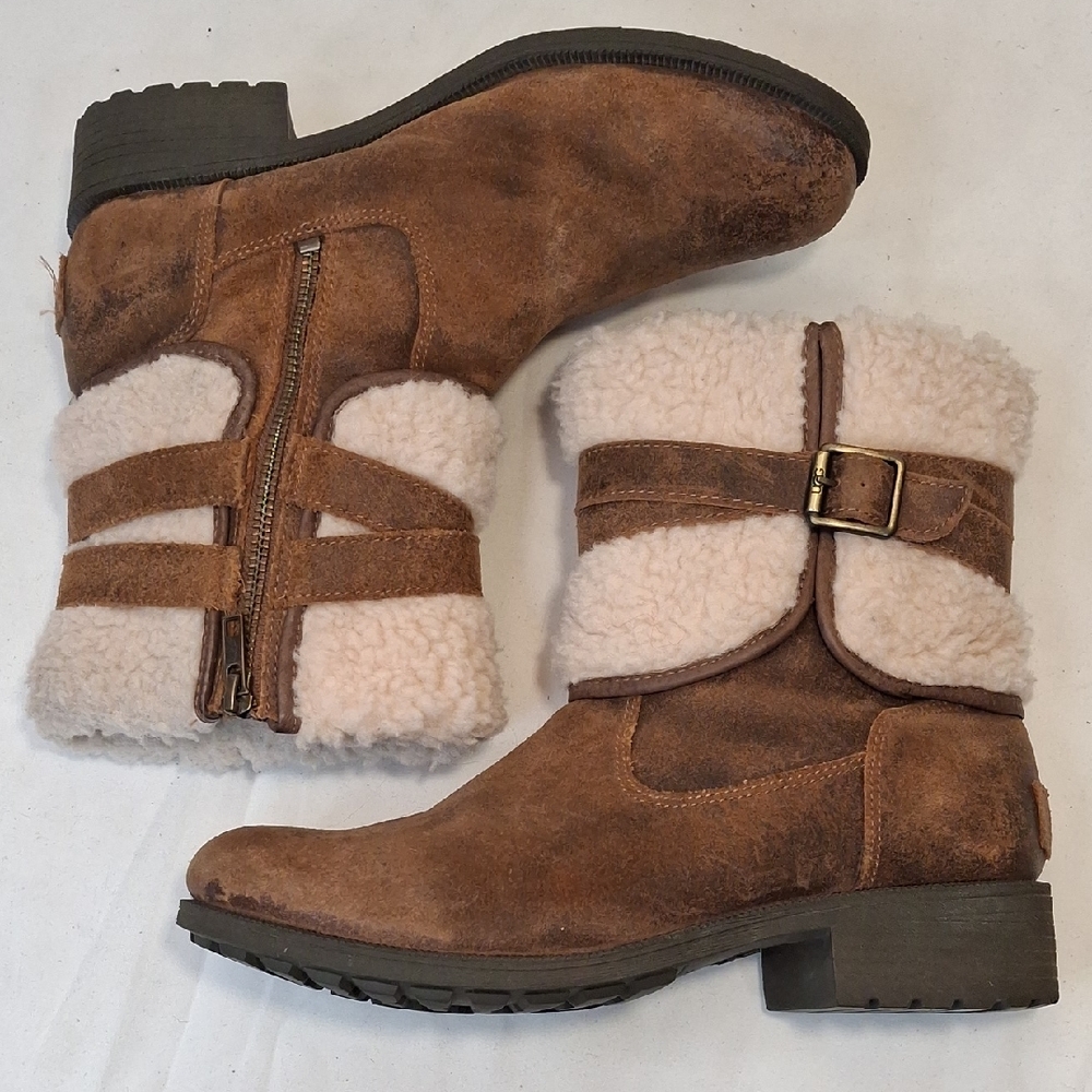 Ugg Women's Blaire Brown Suede Shearling-Trim Ankle Boots. Side Zipper.